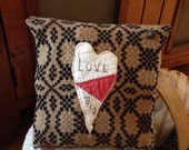 Primitive Valentine's Day Pillow Tuck~ Primitive Love~Vintage Quilt~ Love 1814~ Tan Black Red