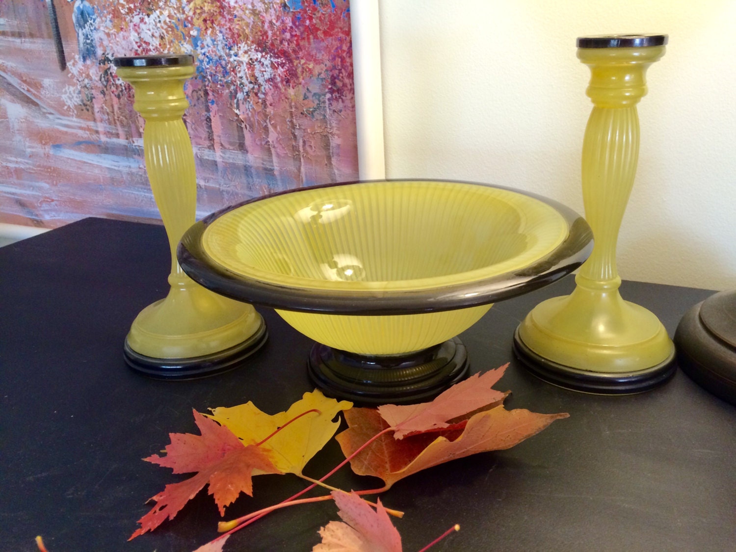 Yellow Depression Era Glass Compote Set Compote Bowl