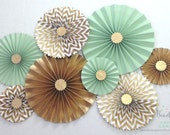 Mint Green Loves Gold Glitter || Gold Rosette Centerpieces || Mint and Gold Bridal Shower || Paper Fans || Pinwheels || Candy Buffet Decor