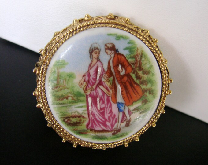 Vintage Limoges France Porcelain Brooch / Courting Couple / Transfer / Hand Painted / Jewelry