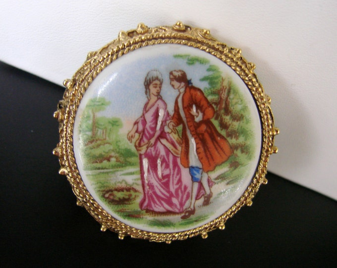 Vintage Limoges France Porcelain Brooch / Courting Couple / Transfer / Hand Painted / Jewelry