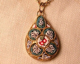 Vintage Mini Mosaic Teardrop Pendant.Wedgewood Blue,Red and White