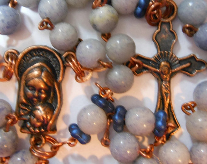 FREE SHIPPING Blue Aventurine Catholic Rosary 'Faded Blue Jeans' with copper wire, crucifix and center piece
