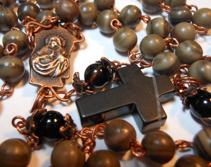 FREE SHIPPING Catholic rosary "Silent Night" wood grain marble beads with black agate Pater beads, blackstone cross, copper wire and center