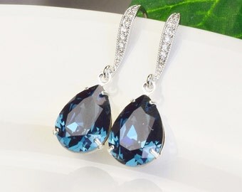 Navy Blue Earrings - Swarovski Earrings Silver - Bridesmaid Earrings - Sapphire Earrings - Navy Earrings - Bridesmaids Jewelry