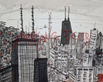 Chicago Art Print 2: Chicago Skyline featuring The Sears Tower and The Hancock Building, 11X14