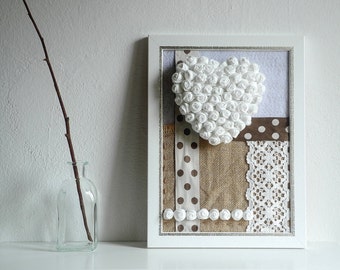 Framed heart fabric flowers home decor 3D design white cream brown