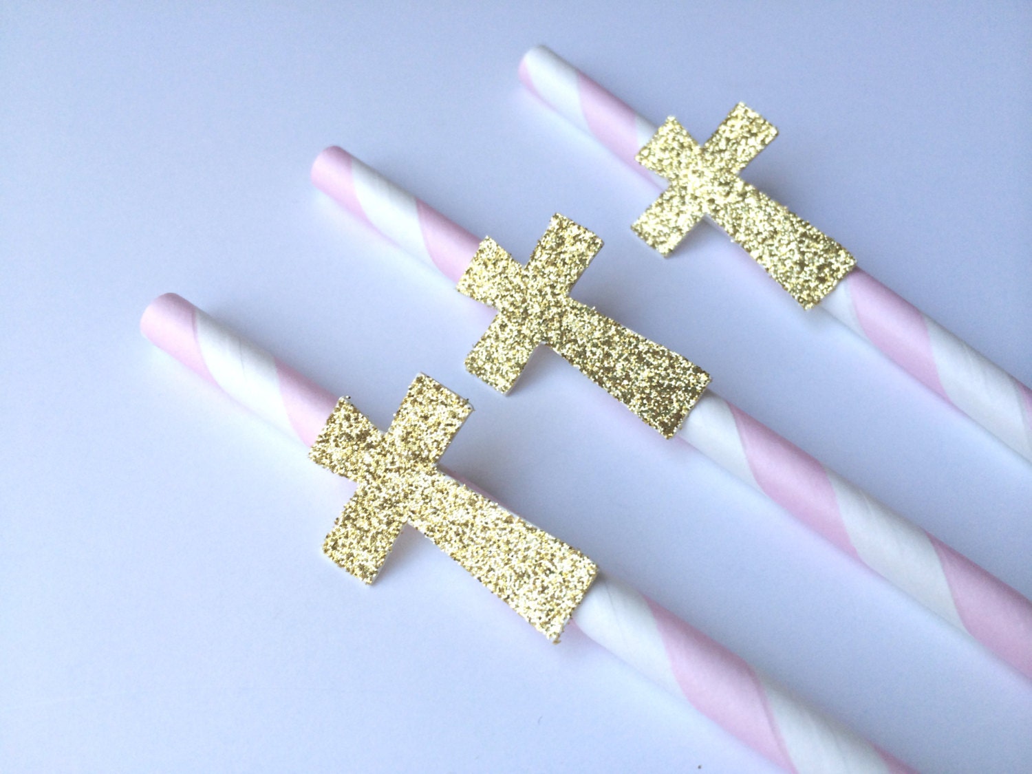 25 Gold Glitter Cross on Light Pink Paper Straws. Baptism or