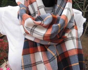 Denver Broncos scarf-fast shipping-Flannel shirt fabric scarf-ORANGE navy blue white tartan plaid scarf -fanatics scarf-Go broncos colored