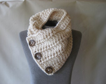 Ivory Crochet Womens or Mens Scarf Neckwarmer Chunky Cowl with Large Coconut Buttons