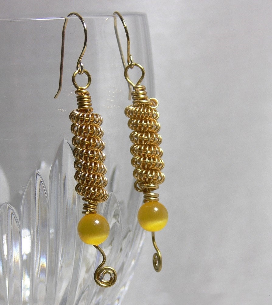 Twisted Wire Earrings Gold Wire EarringsYellow Cats Eye