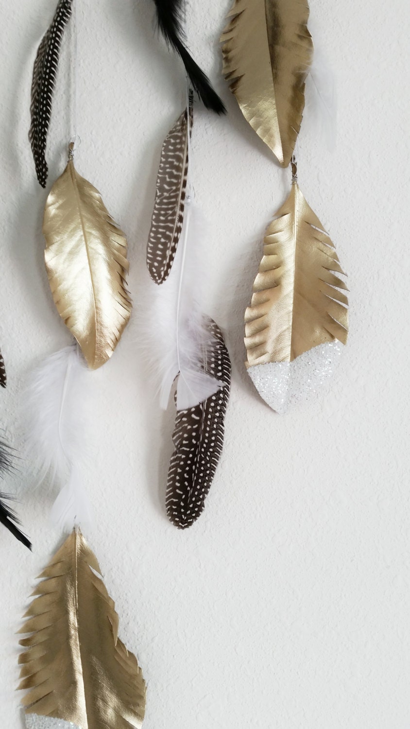 Bohemian Gold Feather Wall Hanging Boho Wall Decor Feather
