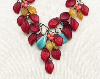 Turquoise Yellow Red Beaded Necklace, Red Leaf Necklace, Red Bib Necklace, Nature Jewelry, Whimsical Necklace.