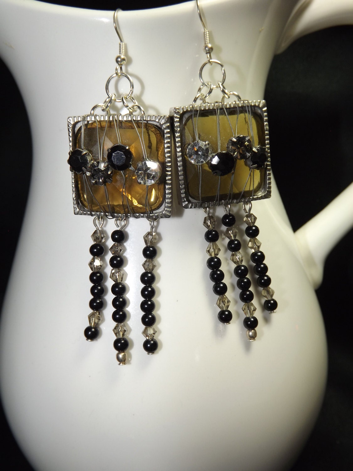 Smoke Grey Glass and Crystal Statement Earrings