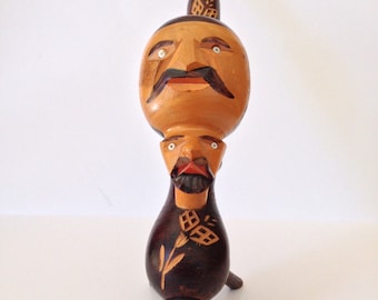 Vintage Wooden Pipe: Two Head Folk Art