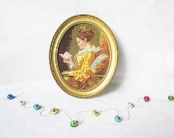 Vintage french embroidery cross stitch in a frame, La liseuse, Tapisserie, Antique home decor, 1950