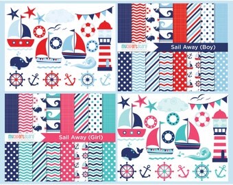 Nautical Clipart Bundle - Sailing, Sail Boats, ships, ocean - vector graphics, digital clip art, digital images, commercial use clipart