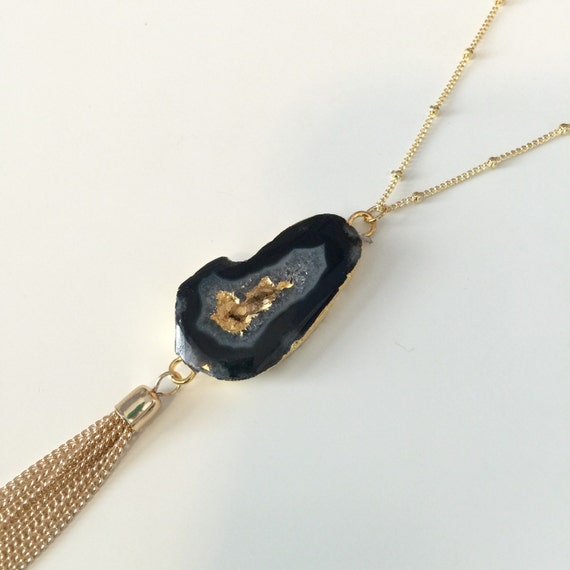 Black And Gold Agate Slice Druzy Necklace By Stitchandstonedesign