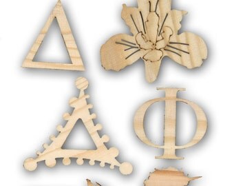 Delta Phi Epsilon wood cut outs for Sorority Crafts and Gifts, Letters, Unicorn, Iris Laser Cut Shapes