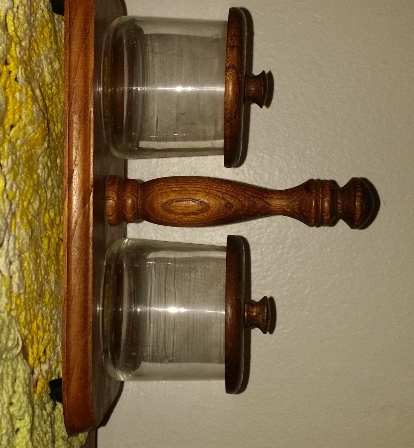 Vintage Jars Glass Condiment Relish Jars with Wood Lids on Caddy