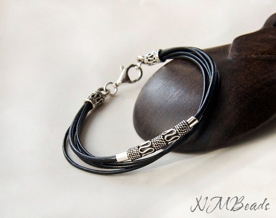 Black Leather And Silver Men's Bracelet, Sterling Silver, Multi Strand ...