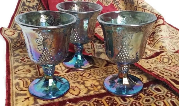 Vintage Blue Indiana Glassware Harvest Grape Water Goblets, Iridescent Blue, Carnival Glasswedding