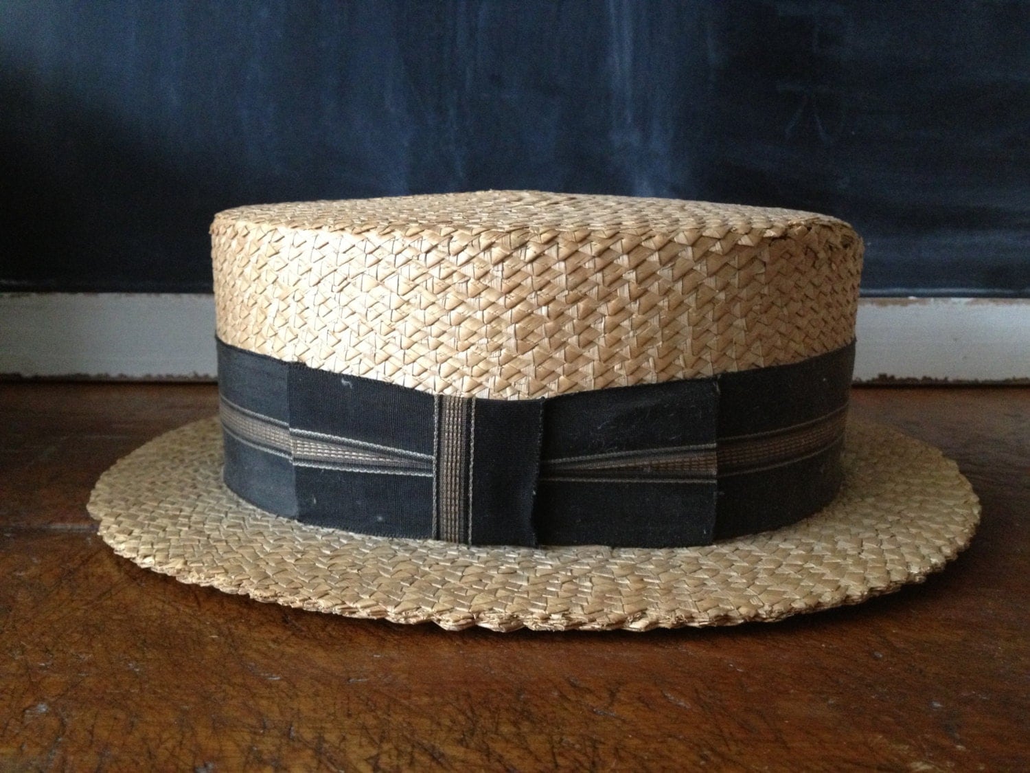 Antique 1900s Straw Boater Hat // Grosgrain Ribbon Bow