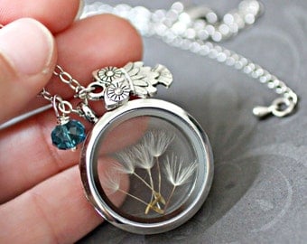 Dandelion Necklace, Dandelion Wish Necklace, Owl Necklace, Floating Charm Locket, Dandelion Seed Necklace, Wisdom Necklace, Owl Jewelry