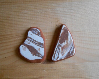 Genuine sea pottery, Marbled brown and white beach pottery Sea pottery supplies 2 pieces lotto137