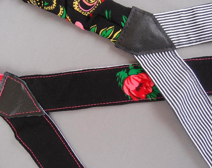 Reversible Womens Suspenders, Black Women Braces, Unique Gift for her, Textile suspenders with Pink Rose and Stripes, Adult Suspenders