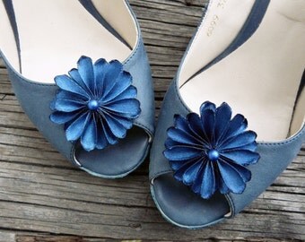 Blue Bridesmaid Gift, Satin Shoe Accessory, Party Shoe Pins, Navy Blue Shoe Clip, Special Occasion Shoe Clips