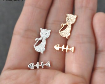 Cat stud Earrings - gold or silver, silver Cat stud, gold Cat stud, post earrings, Fish Ear Studs, gold Cat earrings, silver Cat earrings