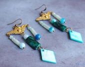 Angel cherub chandelier earrings Baroque Emerald green Golden Turquoise earrings dangle Fine stone agate amazonite pearl Jewelry