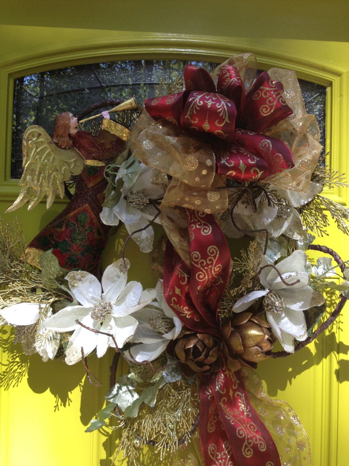 Take 50% Off CHRISTMAS ANGEL WREATH With Glittered Cream Magnolias, Artichokes, Fern and Beautiful Festive Bow & Ribbons