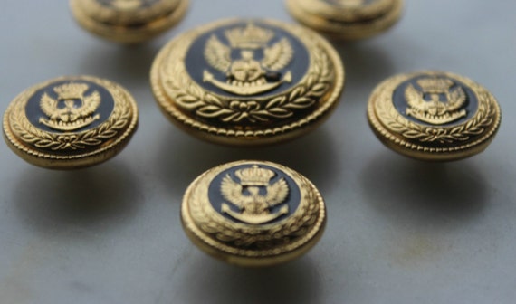 vintage metal crest shield crown eagle buttons black and gold