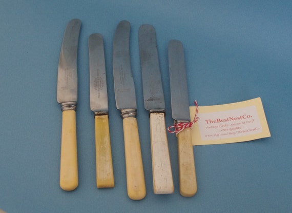 Set 5 rustic bone handled knives faux bone mixed vintage