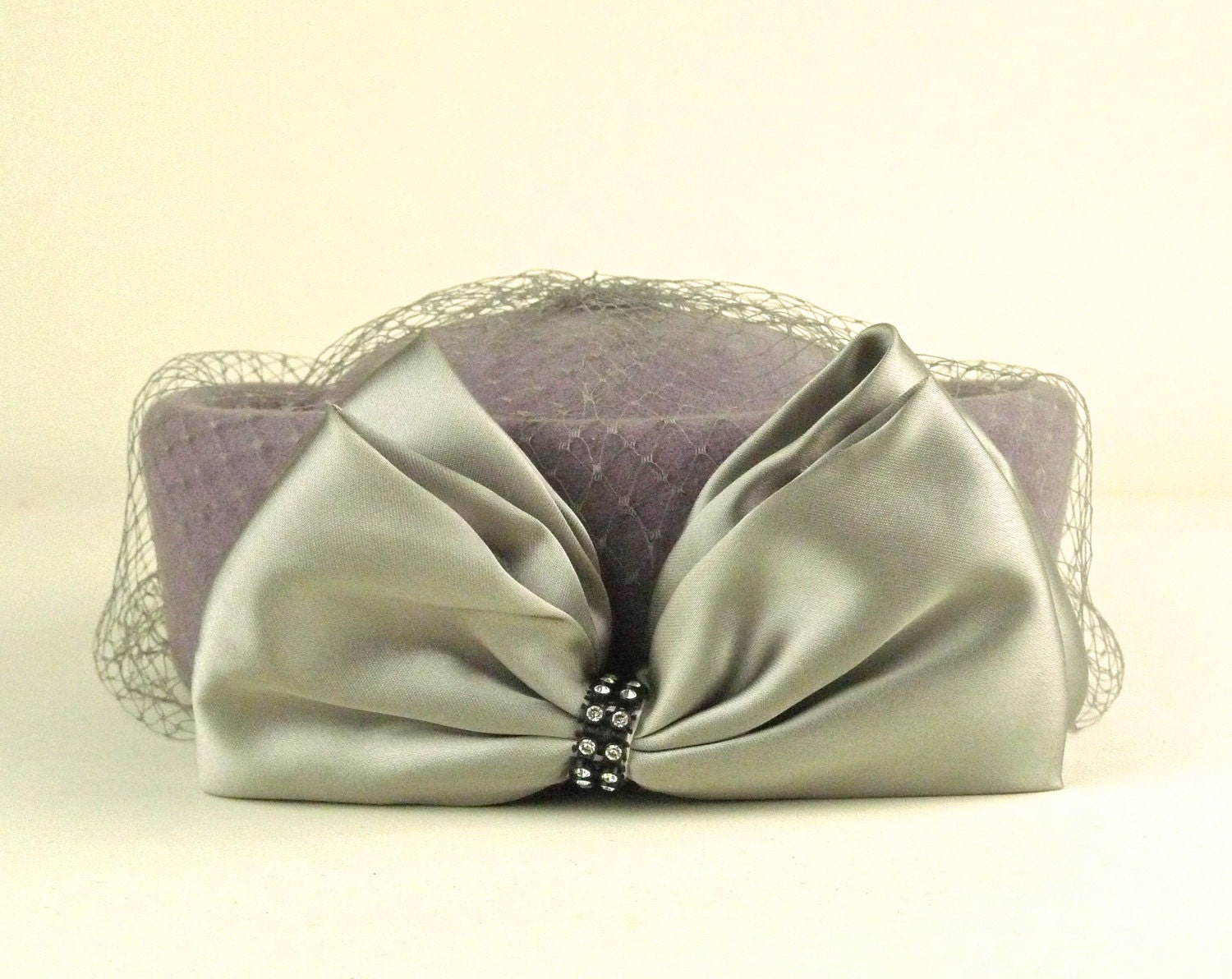 Birds Nest Veil Grey Doeskin Wool Felt Hat Large Satin Bow Rhinestones