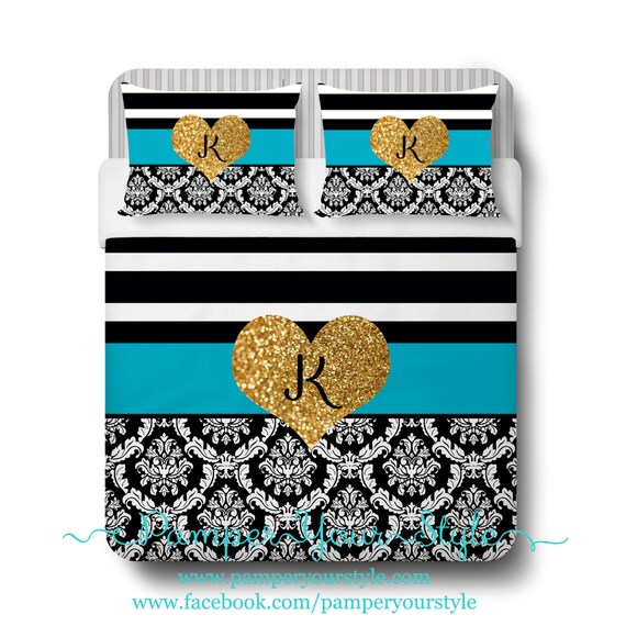 Gold Glitter Heart Comforter or Duvet Black and Gold Bedding