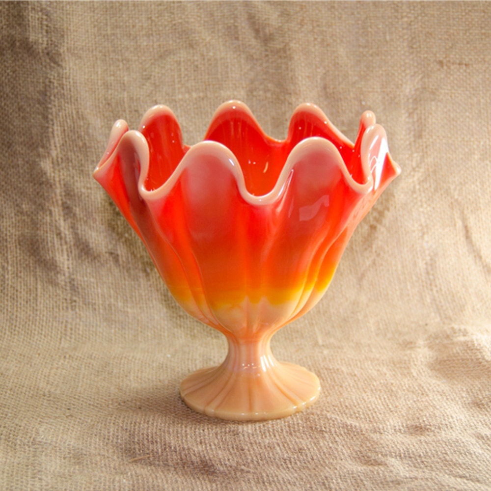 Vintage L E Smith Bittersweet Orange Slag Glass Ruffled and