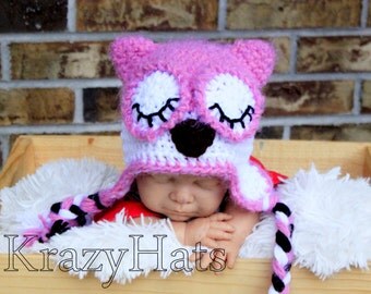 Crochet fuzzy owl hat.Pink,white owl hat.