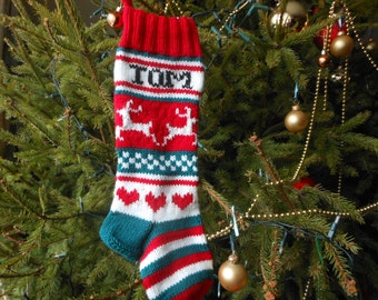 Personalized Christmas Stocking Hand Knitted With Reindeer Christmas Gift Christmas Decoration
