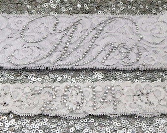 Wedding Garter Set - WHITE Bridal Garter with SILVER Rhinestone "Mrs" Show Garter & Rhinestone DATE Toss Garter - other colors