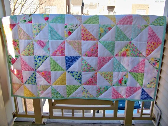 50 x 60 OOAK Handmade Bright Pink Yellow Pastel Floral Geometric Rose Pinwheel Quilt