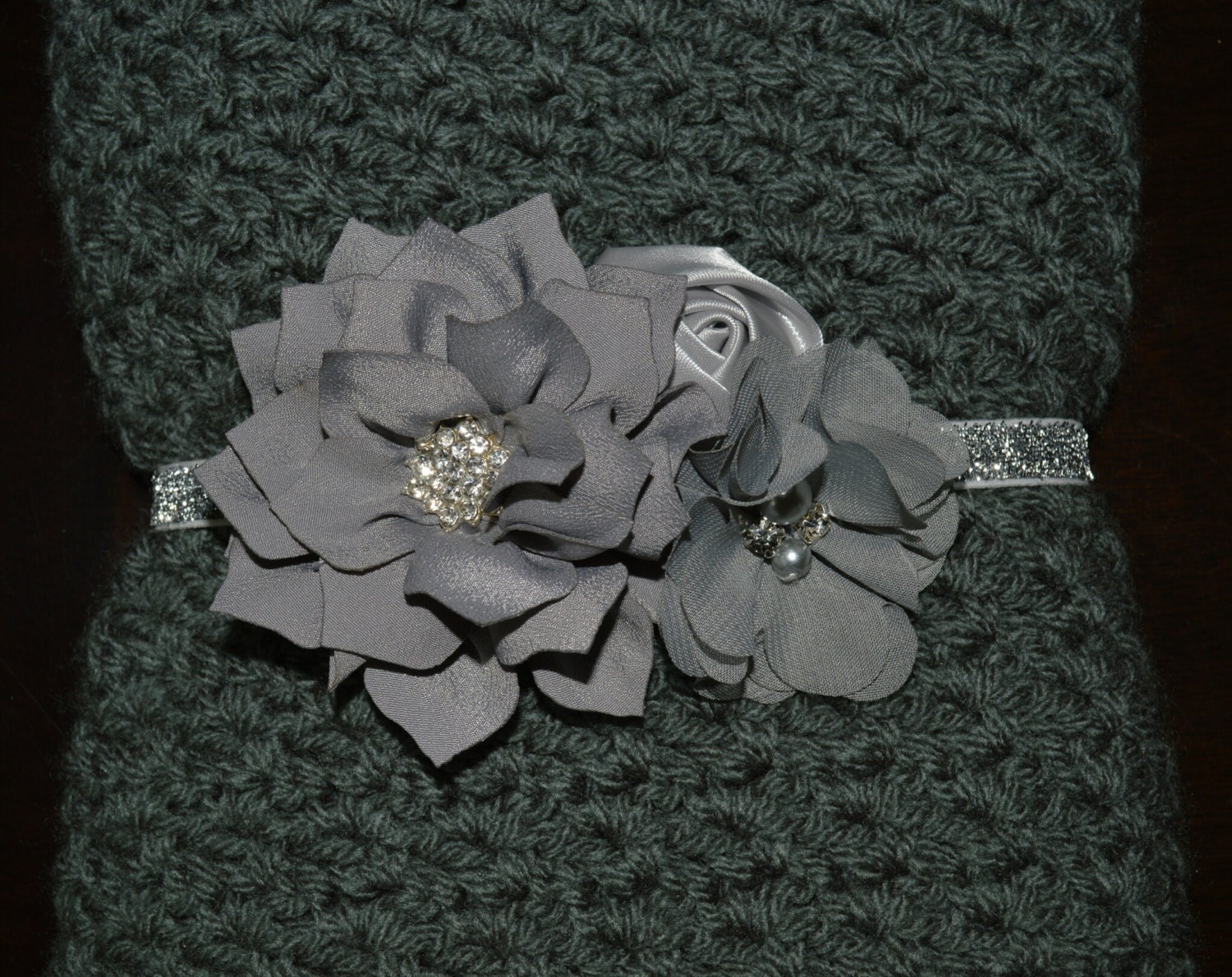 Christmas Poinsettia Flower Headband Baby Toddler Headband Flower Girl New Years Silver Gray Glitter