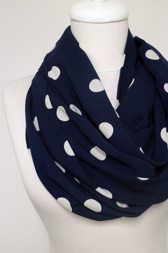 White on Navy Blue Polka Infinity scarf Circle scarf Loop