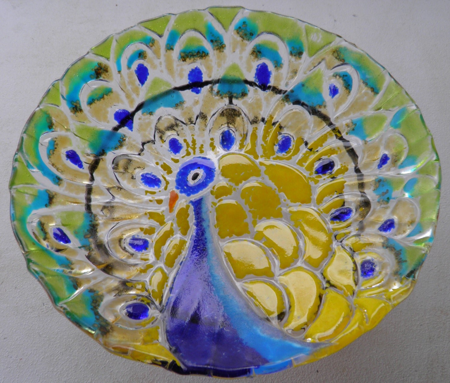 Textured Mosaic Fused Glass Peacock Bowl or Table Top Bird