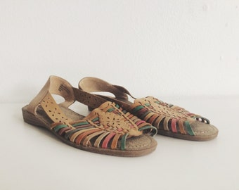 Vintage Tan & Multi Color Huarache Sandals