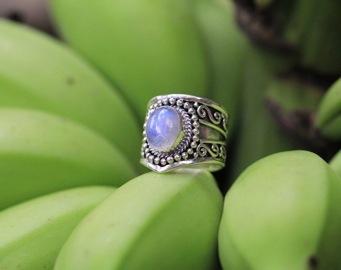 Rainbow Moonstone Ring, Boho Ring, Moon Ring, Gypsy Ring, Statement Rings, Solid 925 Sterling Silver Rings, Don Biu, Personalised, Gift