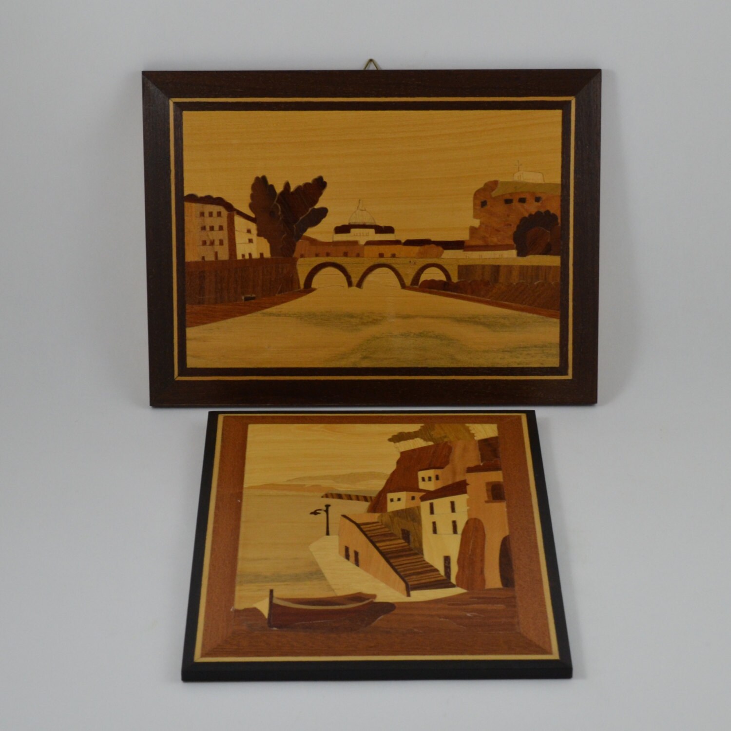 Vintage Marquetry Wood Veneer Art Pair