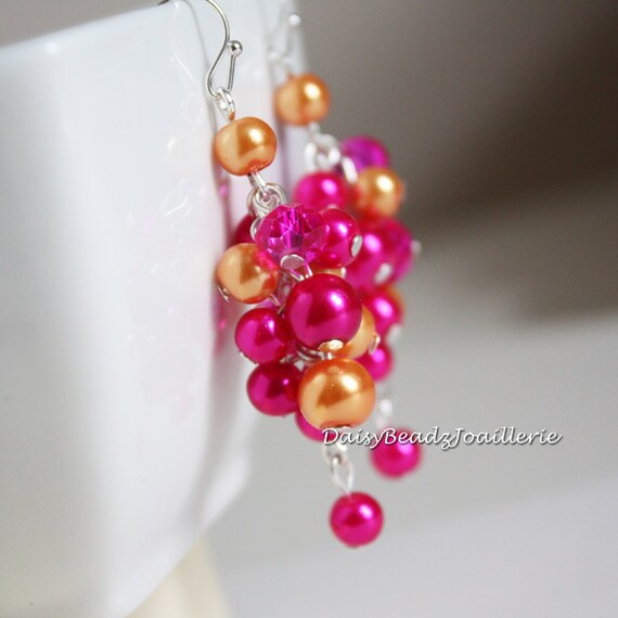 Fuchsia and Tangerine Orange Pearl Earrings Bridesmaid Gift